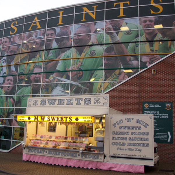 Mobile confectionery sweets trailer at Northampton Saints ground